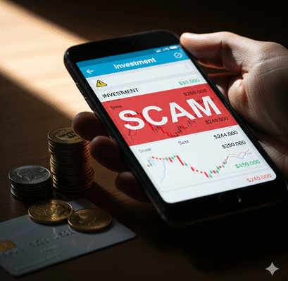Tangan memegang telefon pintar yang memaparkan aplikasi pelaburan palsu dengan amaran 'SCAM' yang besar, dikelilingi syiling dan kad bank