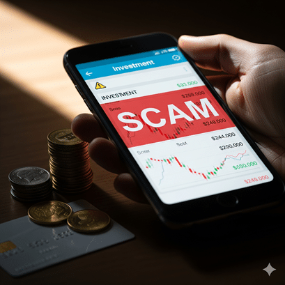 Tangan memegang telefon pintar yang memaparkan aplikasi pelaburan palsu dengan amaran 'SCAM' yang besar, dikelilingi syiling dan kad bank
